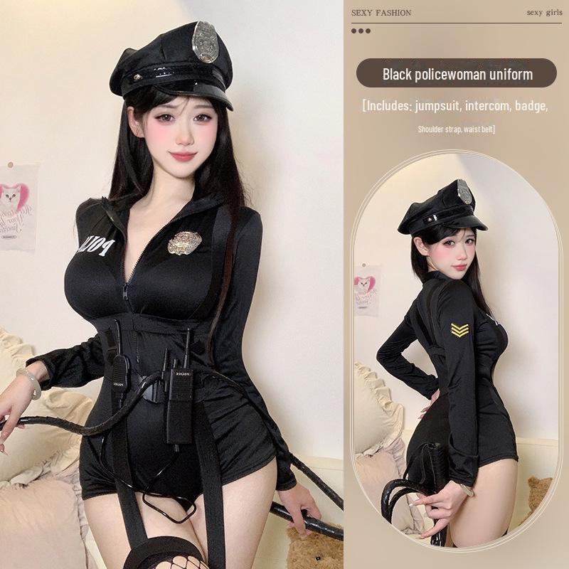 Women's Sexy Nightclub Motorcycle Police Cosplay Lingerie with Double Zipper & Open Crotch Design