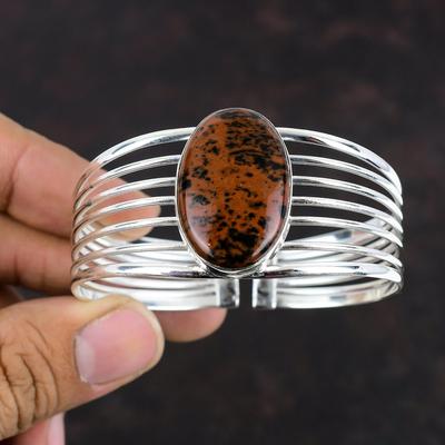 Bracelet Manchette Obsidienne Acajou Bracelet Jonc Pierre Gemme Naturelle Argent Sterling 925 Bracelet Jonc Réglable Bracelet Manchette Fait Main Bijoux en Argent Pour Cadeau