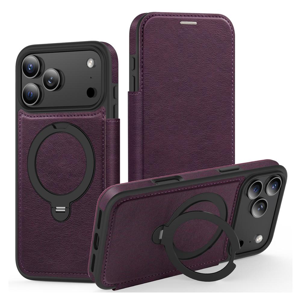 KEYSION Leather Flip Wallet Case for iPhone 15 16 17 Pro Max Air 16Plus 16e Cards Slots Magnetic 360 Ring Stand Phone Back Cover