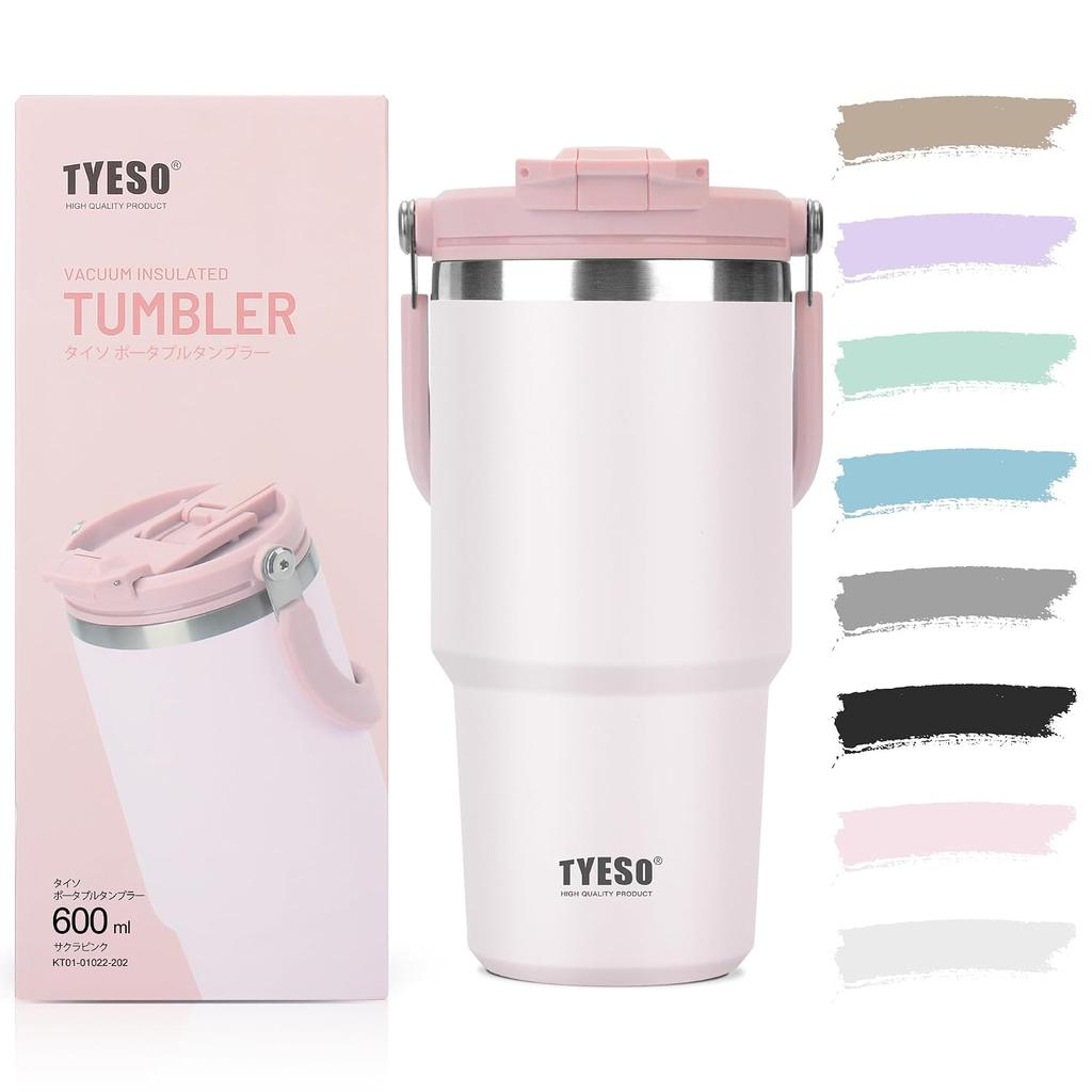 TYESO tumbler straw 600ml water bottle thermal insulation large capacity stainless steel lid spill-proof portable handle vacuum insulated double wide