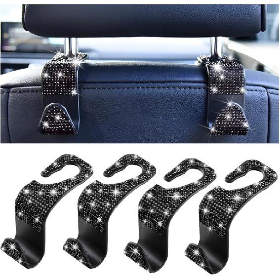 Mandark 4PCS Bling Car Seat Headrest Hooks, Crystal Rhinestone Vehicle Seat Back Hanger For Grocery Purses Handbags, Diamond Auto Seatback Storage