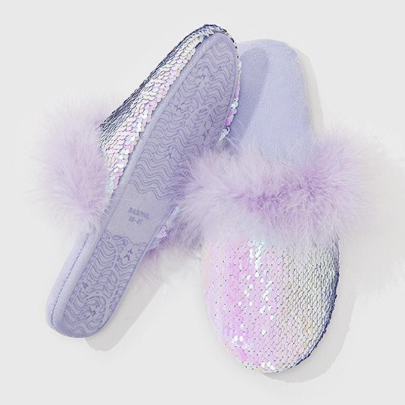 Fashion Luxury Sequins Feather Decoration Flat Slipper Women Cozy Fluffy Soft Bottom Home Slipper Fashion Brand Designer Cotton Slippers