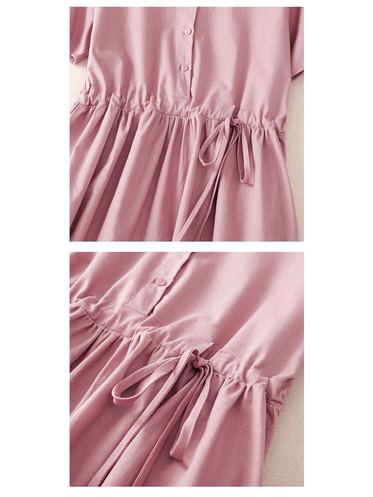 Xinxing 2025 Summer Cotton Linen Retro Short Sleeve Mid-Length Shirt Dress for Women