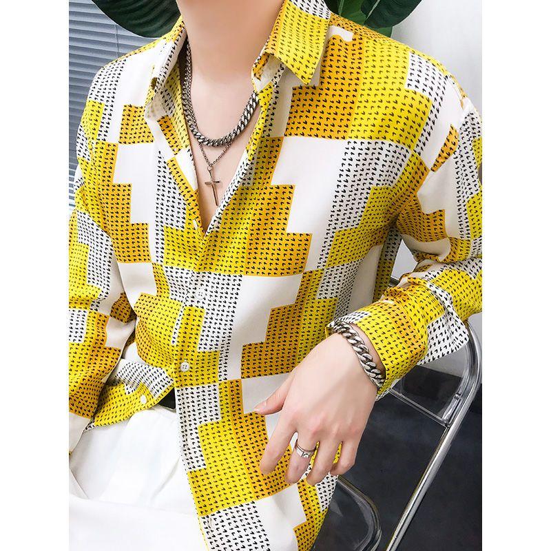 Youth Trendy Geometric Plaid Shirt for Men's Spring and Autumn Square Neck Long Sleeved Thin Button Cardigan Fashion Casual Tops