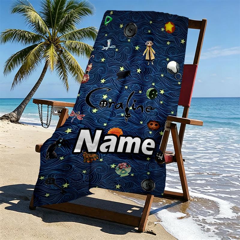 Custom Name Personalized Coraline Print Beach Towel, for Trip Camping Beach Party Home Decor, Birthday Gift for Family & Friends