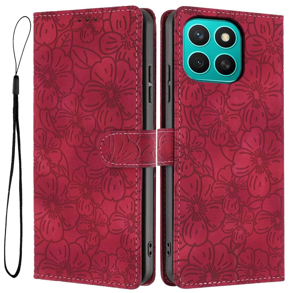For Honor X8c 4G Flip Case Cherry Blossom Pattern Leather Wallet Stand Phone Cover with Wrist Strap