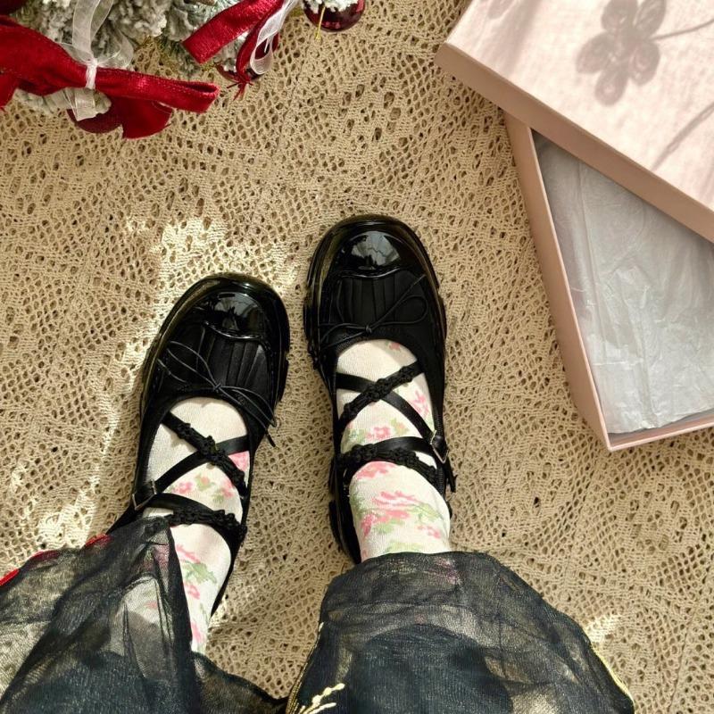 Sheepskin version~ retro leather platform ballet girl bow muffin Mary Jane single shoes small leather shoes