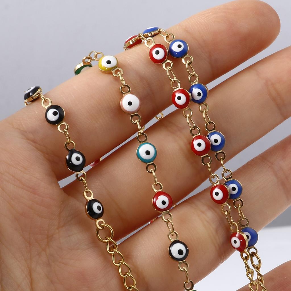 Stainless Steel Religious Bracelets Gold Color Multicolor Round Evil Eye Enamel For Women Men Gifts 13.5cm(5 3/8") Long, 1 Piece
