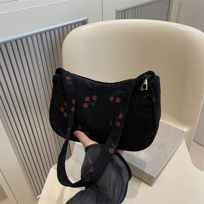 Simple and Sweet Cherry Printed Corduroy Shoulder Bag 2025 Autumn New Small Fresh Women's Bag Fashionable Underarm Bag