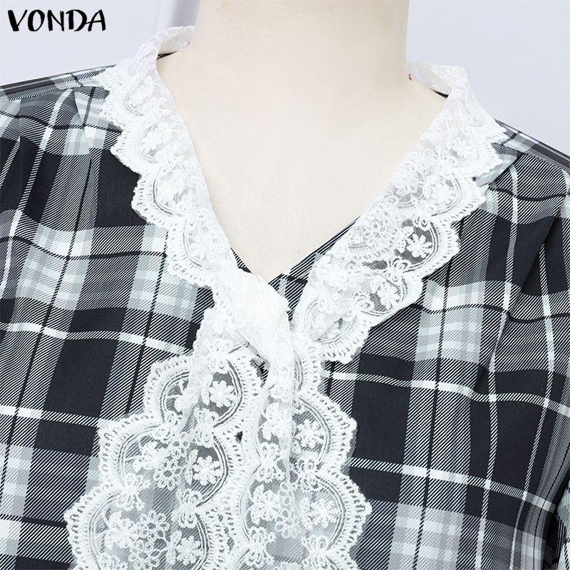 VONDA Elegant Women Casual Long Sleeve Lace Bow Knot Plaid Print Ruffled Dress