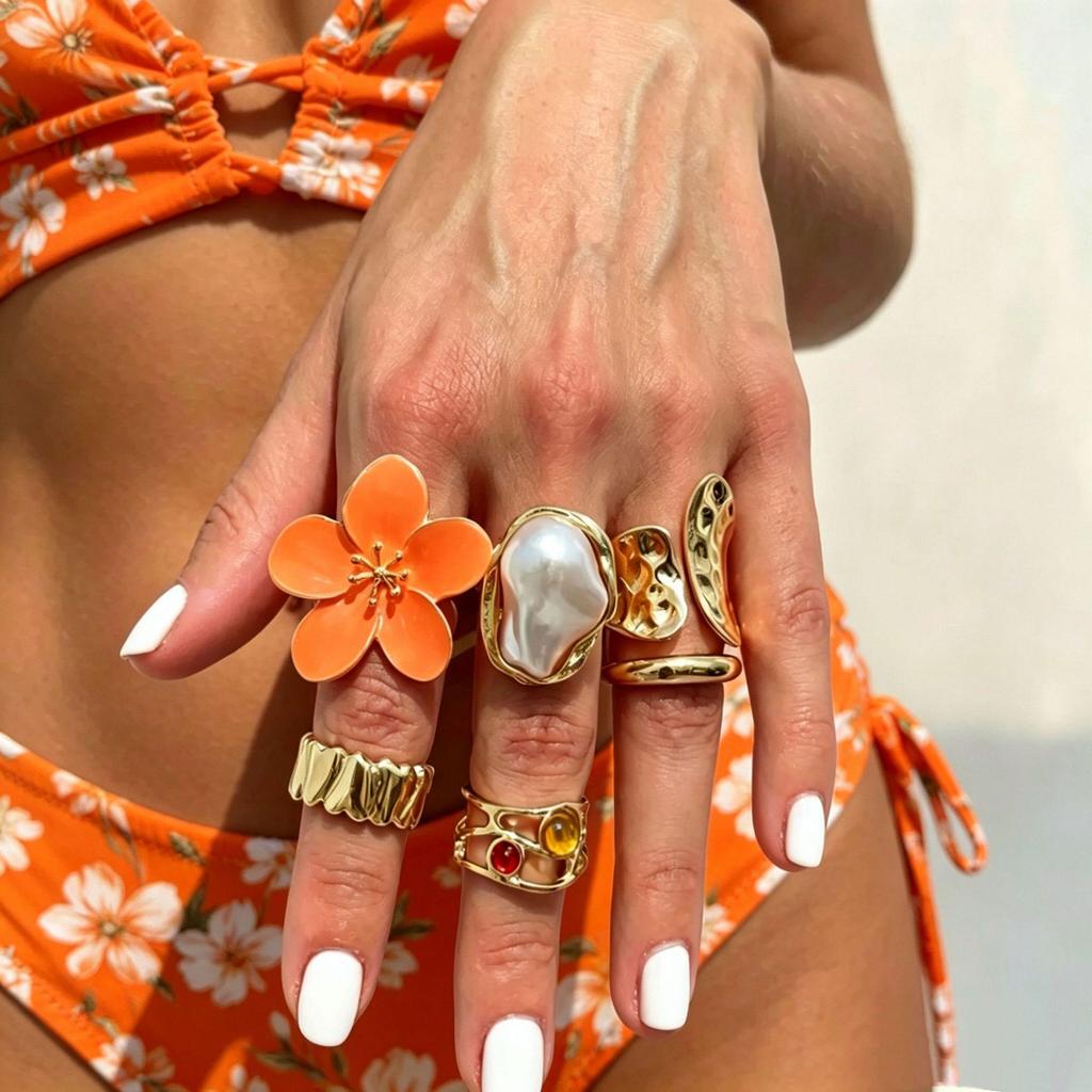 Trendy Cross-Border Metal Flower Open Ring Set - Women's Fashion Accessories