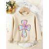 Unisex Kids Crewneck Sweatshirt, Pastel Glitter Cross Pink Bow Print Pullover, Boys Girls Cute Western Casual Sweatshirt For Kids Over 4 Years Old