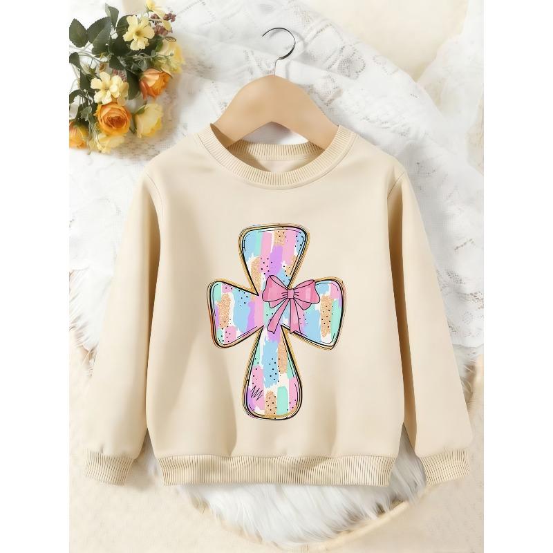 Unisex Kids Crewneck Sweatshirt, Pastel Glitter Cross Pink Bow Print Pullover, Boys Girls Cute Western Casual Sweatshirt For Kids Over 4 Years Old