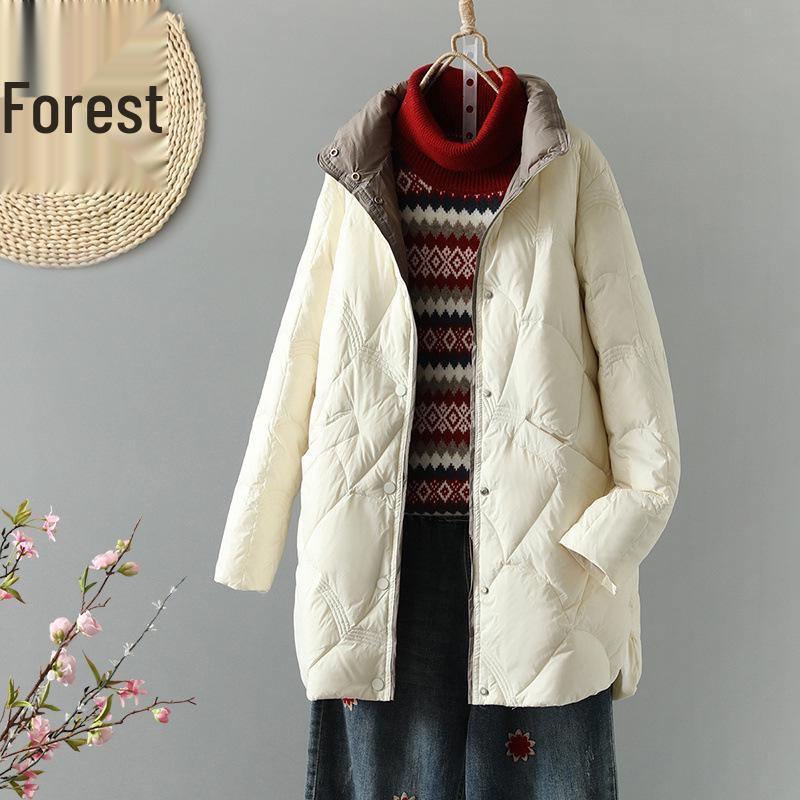 Women's Cross-Border Stand Collar Medium-Long Loose Down Jacket - White Duck Down, Light, Warm, Autumn/Winter, Xiangyun Style.