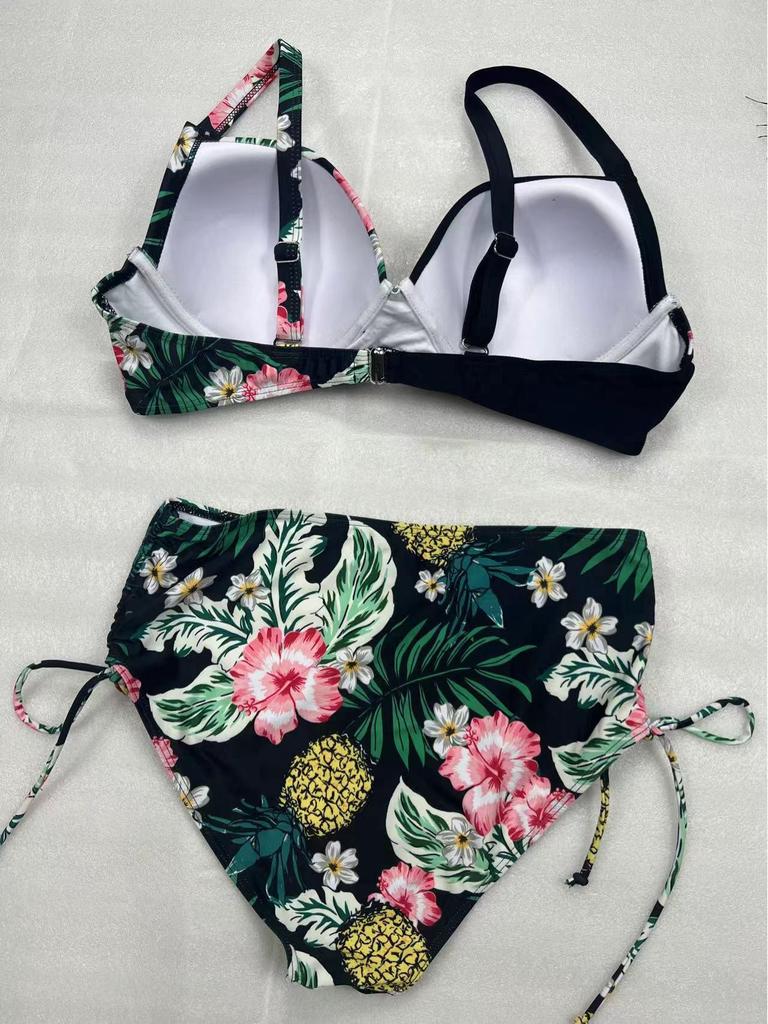 Europäischer Plus-Size Blumen-Bikini mit Schlitz und Kordelzug