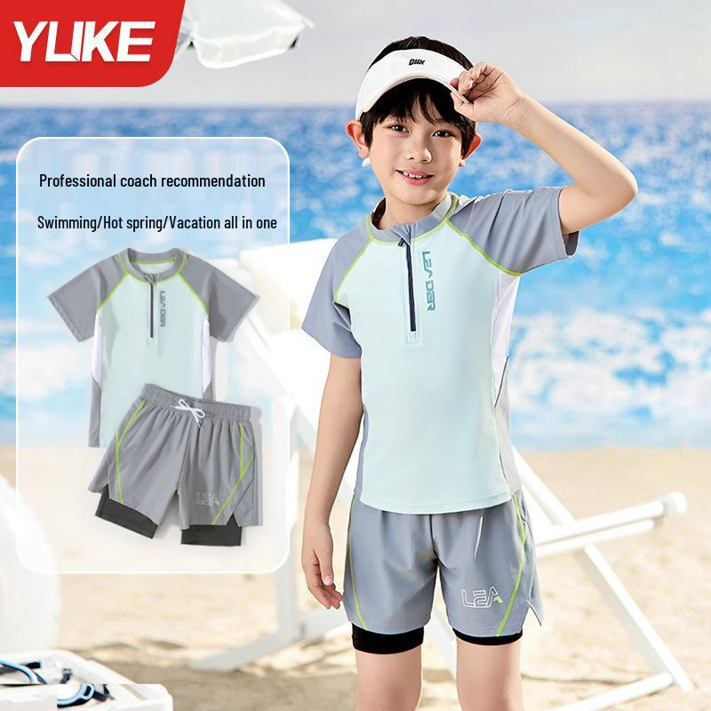 

Комплект раздельного купальника для мальчиков быстросохнущий больших размеров с солнцезащитой - Детский купальник для средних и больших детей 4XL (Height 140-150cm, 70-85kg) камуфляж зеленый