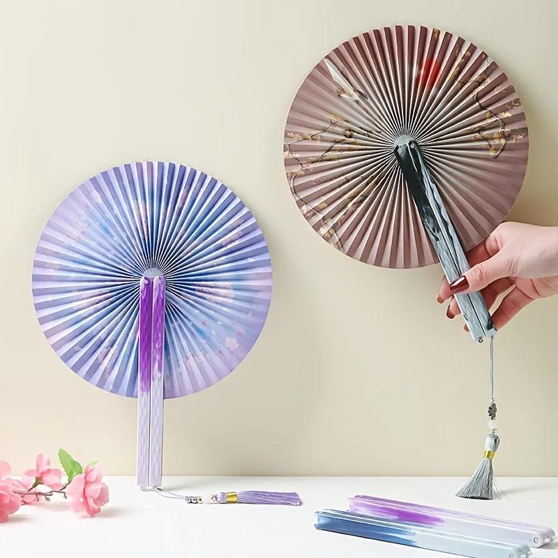Magnetic Closure Folding Paper Hand Fan, Long Handle with Tassels, Portable Pocket Fan for Easy Carry