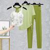 Women Dance Outfit Backless Crop Top High Waist Leggings 2Pcs Set Stage Performance