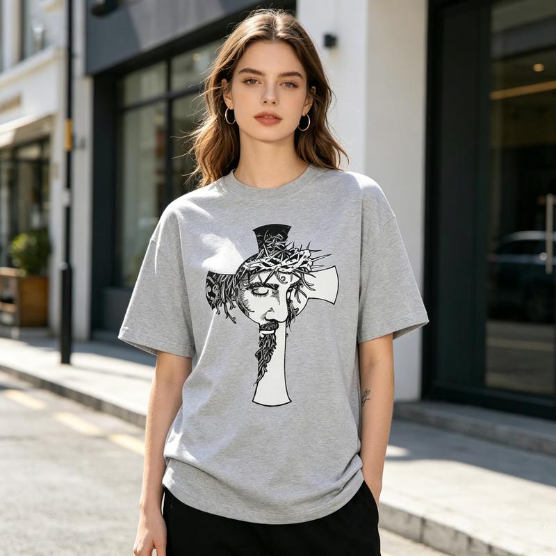 Vintage Sketch Art Jesus Face Cross Print T Shirt Christian Belief Religious Graphic Soft Cotton Tee Casual Daily Apparel