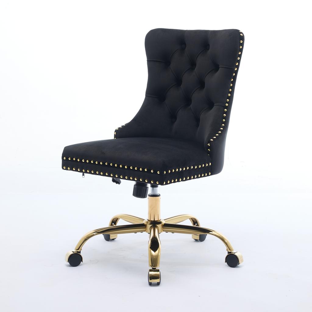 Modern Velvet Upholstered Tufted Button Home Office Chair with Golden Metal Base,Adjustable Desk Chair Swivel Office Chair (Black),DE1923BK