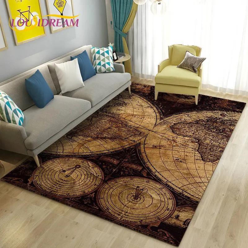 Alfombra retro con diseño de mapa del mundo vintage y brújula, para sala de estar, dormitorio, sofá, decoración, alfombra antideslizante para el suelo