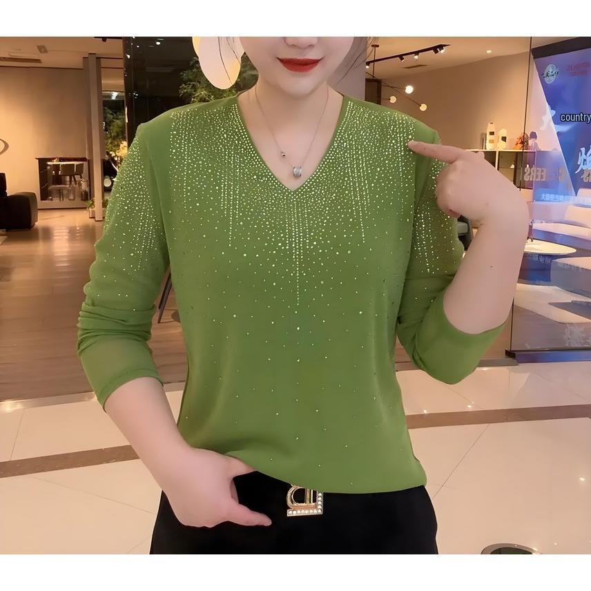 2026 Spring/Autumn Women's Rhinestone Knit Cardigan & Long Sleeve V-neck T-shirt