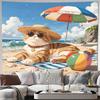 Cute Cat Beach Day Tapestry Wall Hanging Tropical Summer Seaside Ocean Vacation Decor Boho Art Poster for Bedroom Living Room Ho
