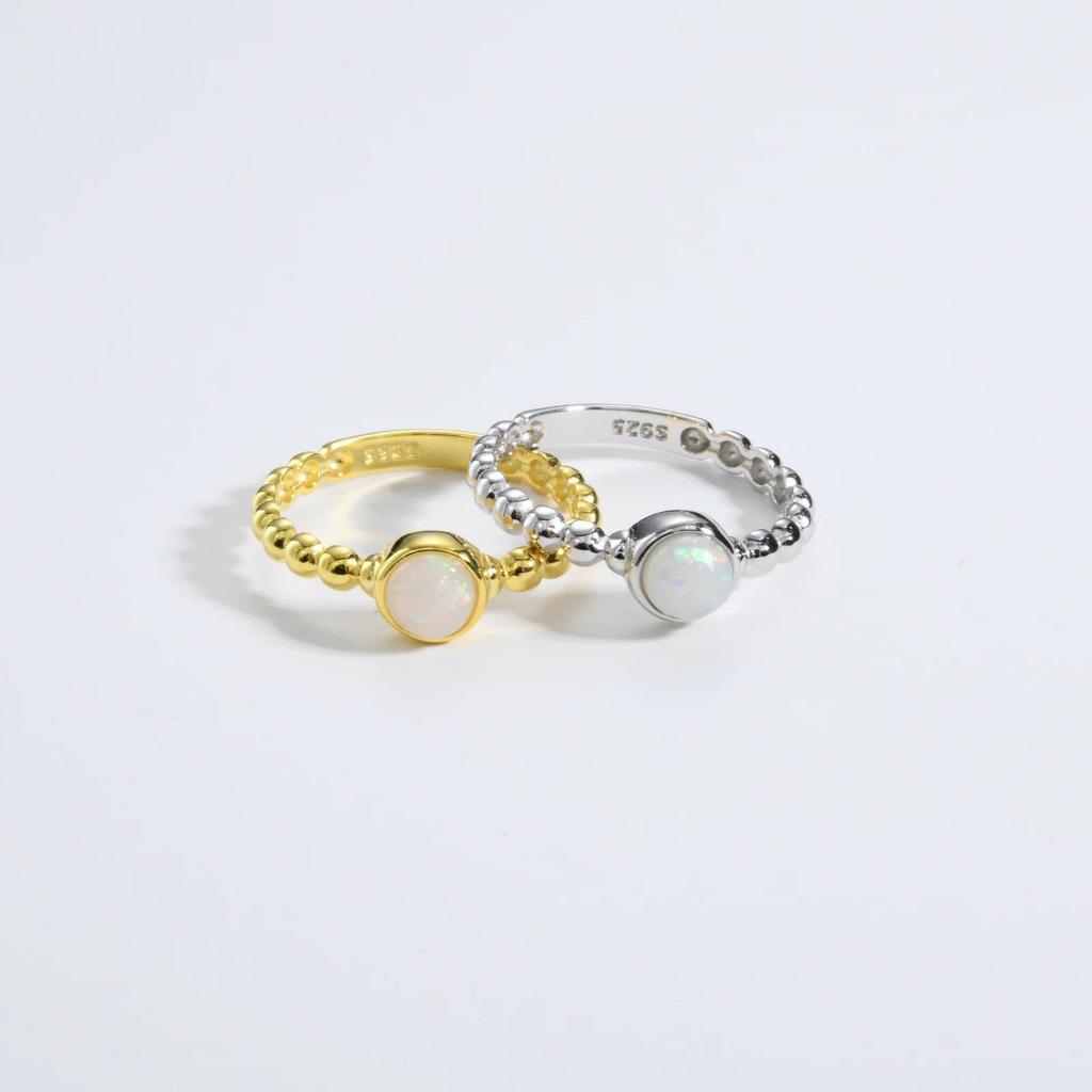S925 Sterling Silver Opal Bead Ring - European & American Style Fashion Jewelry for Women