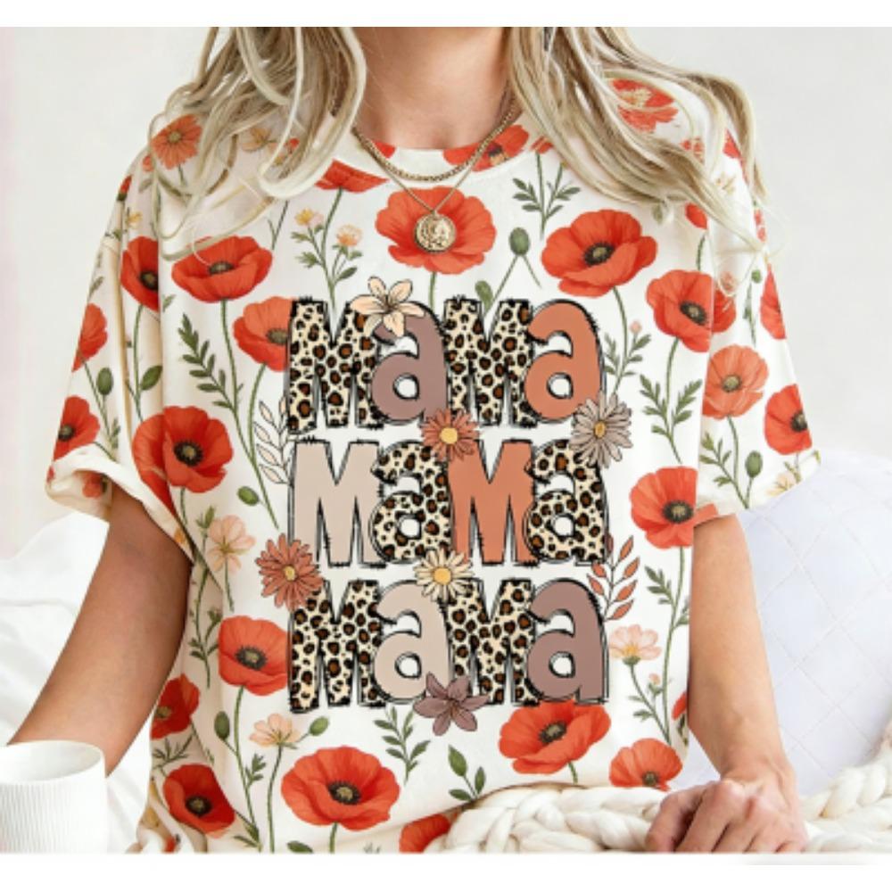 Fashion Funny Flower Leopard Mama Letter Print Women's Short Sleeves T-Shirt Loose Casual Summer Outdoor Street Women's Tees Tops