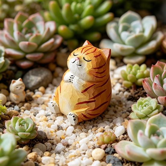 Hand-Carved Wood Ornaments Fishing Cat Sculpture Miniature Solid Wood Desktop Decor Eco-Friendly Painted Cat Figurine for Home Office Gift