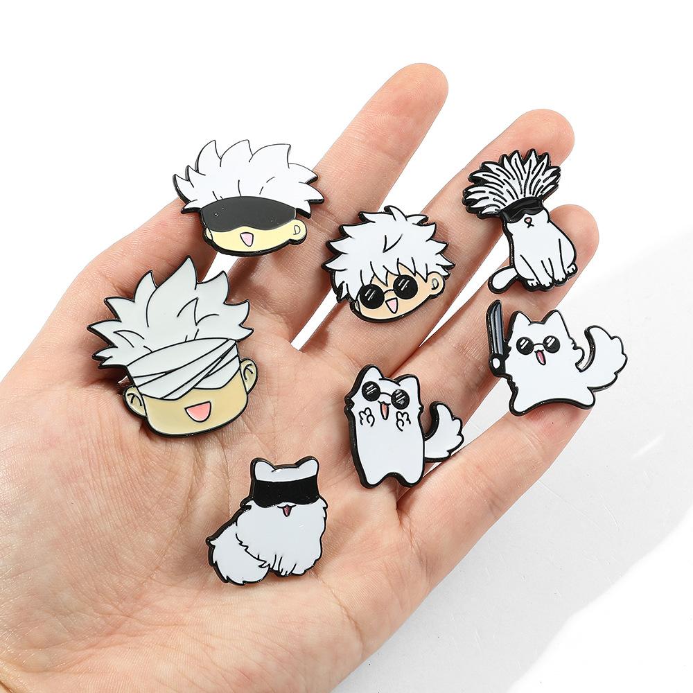 7 Stück/Set Gojo Satoru und Katze Emaille-Anstecker Anime-Charakter Augenmaske Manga-Anstecknadeln Abzeichen Metall-Anstecker für Rucksack Revers Schmuckzubehör