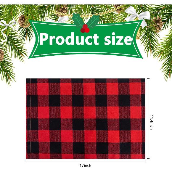 Deloky Set of 4 Red &Black Buffalo Check Plaid Placemat-Buffalo Plaid Check Placemats, Reversible Cotton Burlap Christmas Placemats for Christmas