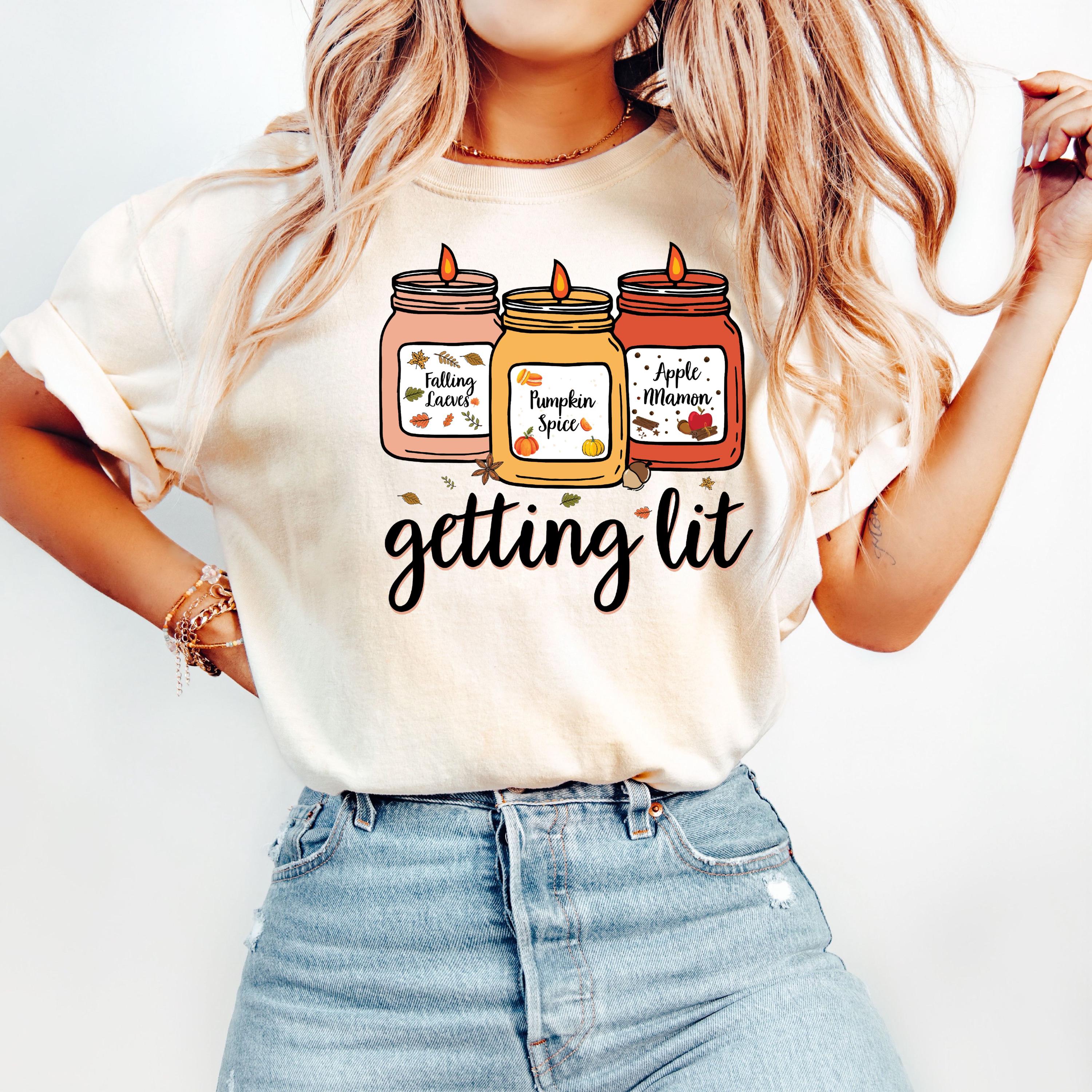 Getting Lit Shirt Fall Candle Women T Shirt Pumpkin Candle Cotton Tops S бежевый