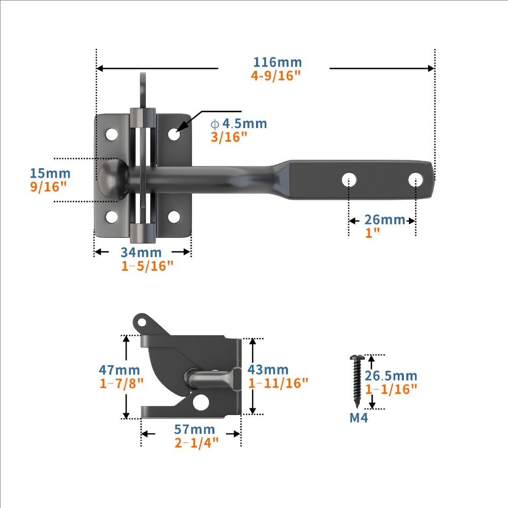 Automatic Fence Gate Lock Carbon Steel Gate Bolt Lock Lock Set Gravity Lever Locking  Outdoor 116mm/4.57in