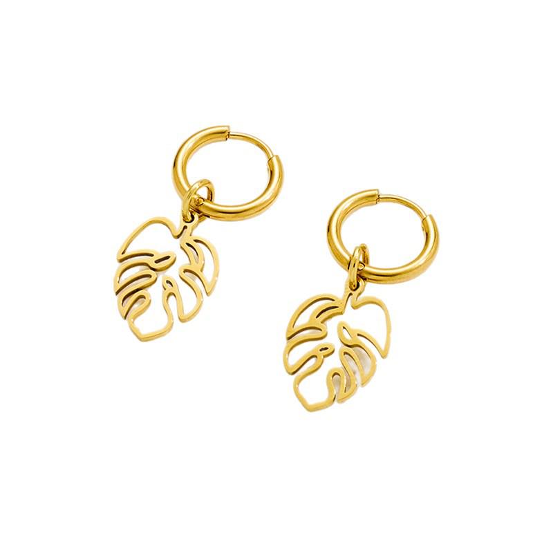 Versatile 18K Gold Palm Leaf Pattern Stainless Steel Drop Earrings