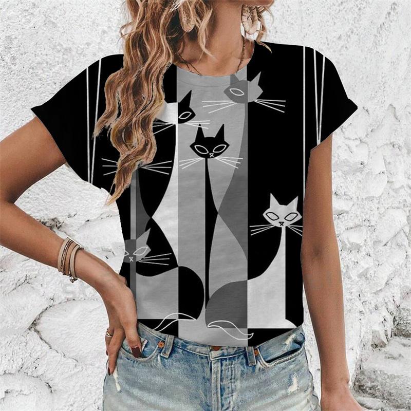Music Cat Pattern T-Shirt For Women Funny Animal 3D Printed Tees Summer Harajuku Round Neck T Shirts Short Sleeves Loose Tops