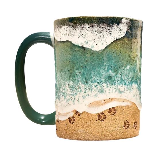 Yousheng Paw Print Ocean Shoreline Mug Ceramic Coffee Cup Handmade Waves Pattern Tea Mug 11oz/15oz Sea Foam Claw Drinking Mug Beach Souvenir Gift