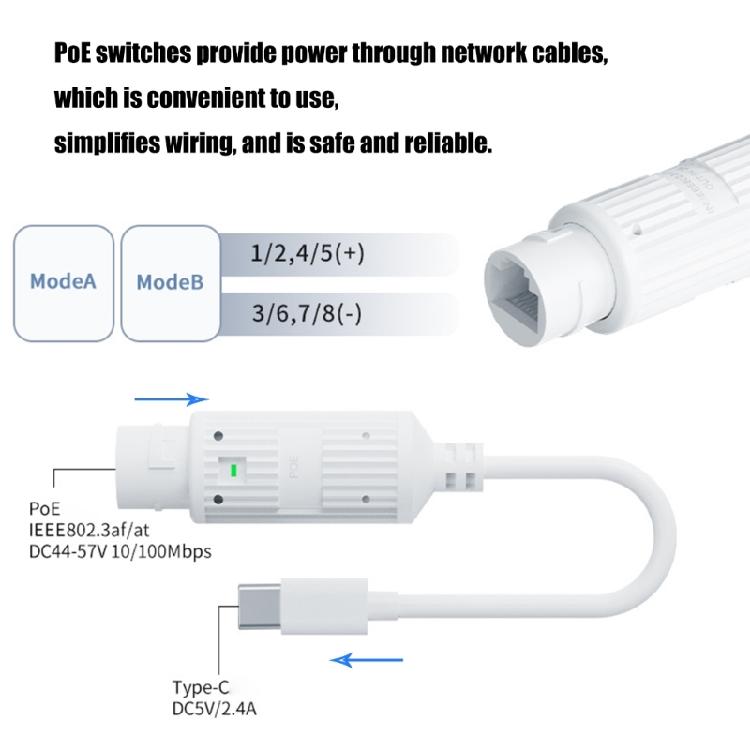 POE to Type C Adapter 48V to 5V 2.4A Type C Output High Efficiency ABS Protective Casing Over Current Protections