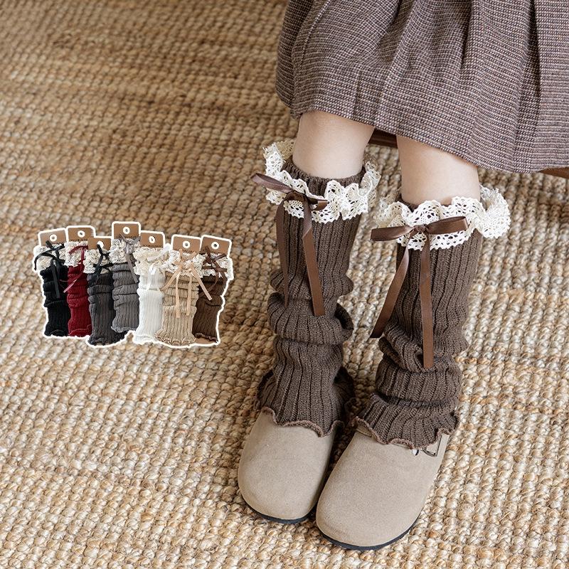 Kinder Mädchen Lolita Beinwärmer Gestrickte Socken Europäischer Stil Leggings Niedliche Spitze Schleife Kleinkind Lange Socken Beinwärmer