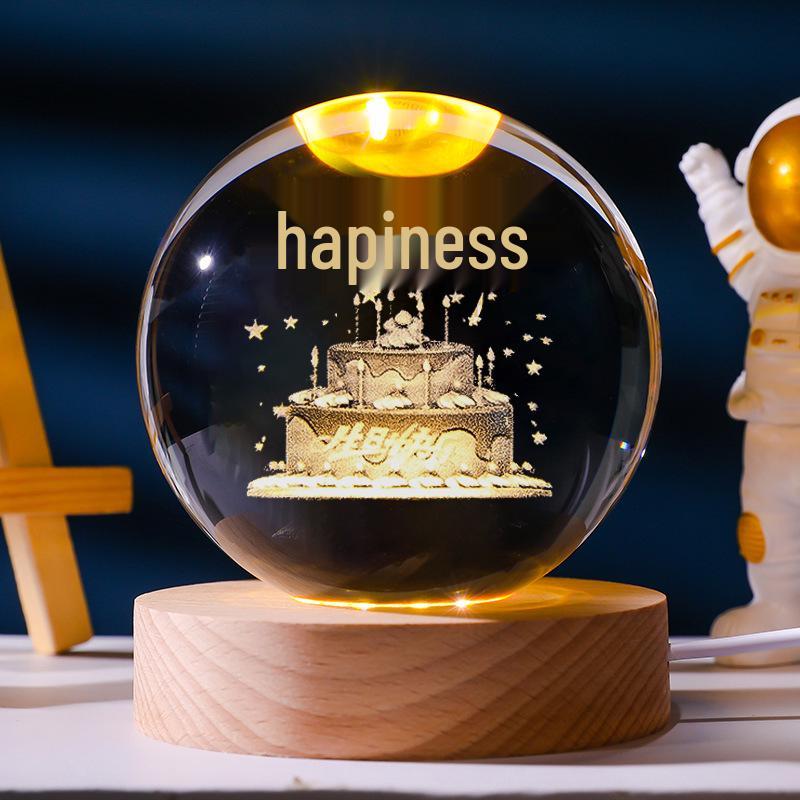 Flickering Crystal Ball Night Light with Engraved Solid Wood Base - Perfect as a Birthday Gift or Creative Graduation Ornament.