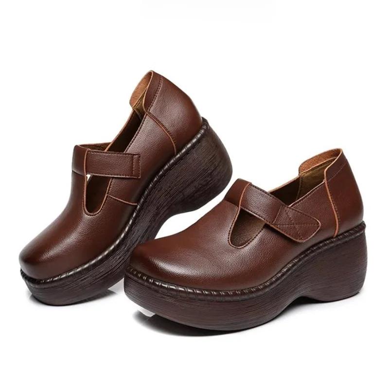 Fashion 2024New Genuine Leather Flat Platform Shoes For Women Retro Thick Heel Wedges Handmade Casual Shoes Leisure Ladies Platform Shoe