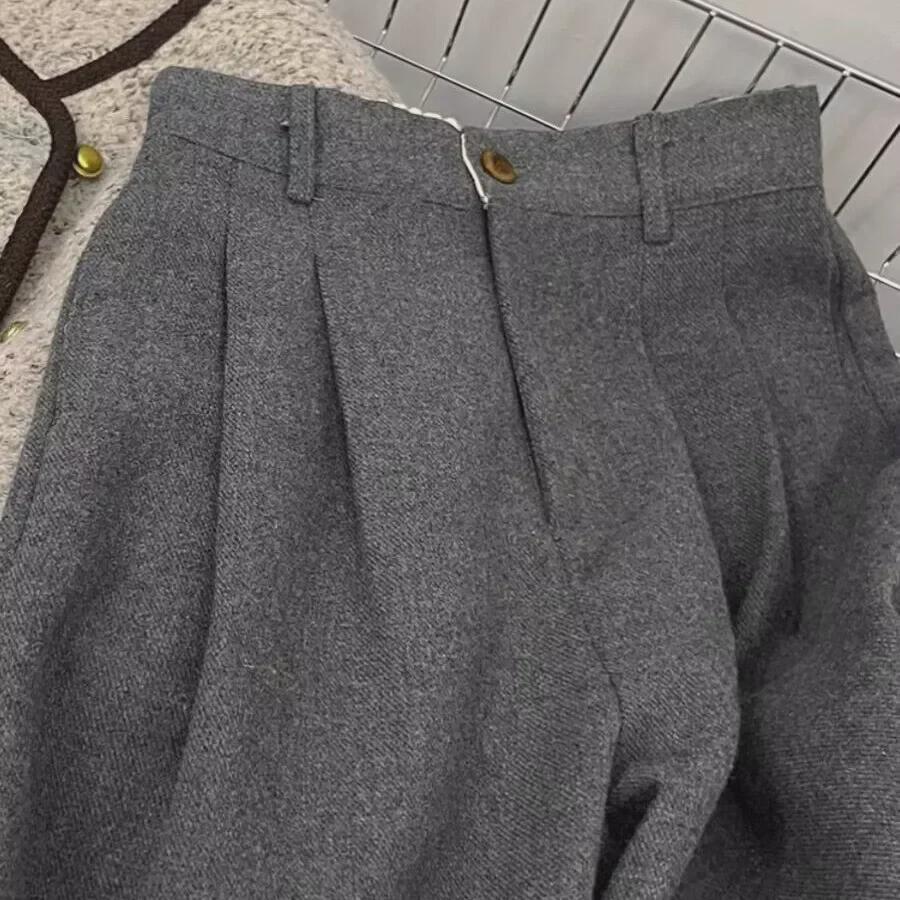 CHAO Recommended: Women's Dark Gray Cashmere Wide-Leg, High-Waist, Loose Woolen Pants for Autumn/Winter
