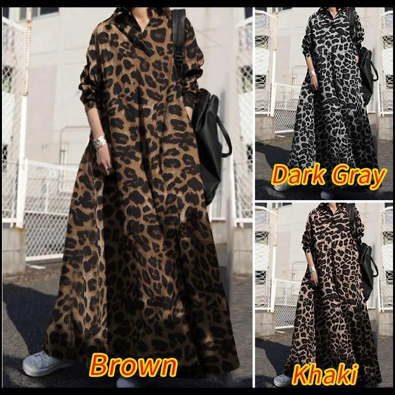 Women's Maxi Dress V-Neck Long Sleeve Dress Casual Leopard Printed Big Swing Long Dress
