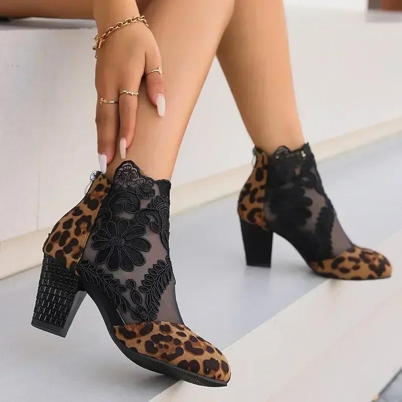 fashion 2024 New Shoes for Women Sandals Women's Boots Leopard Ankle Boots Women Lace Floral Back Zip Round Toe High Heels Shoes Female