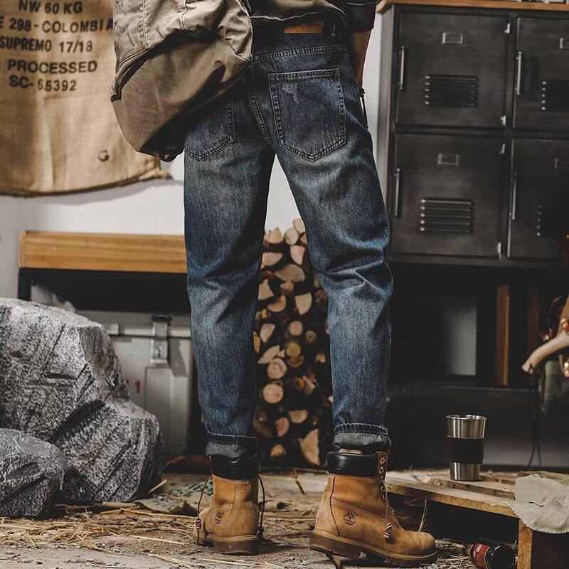 JYL Mens Jeans Wide Leg Spring Autumn American Vintage Washed Straight Ripped Denim