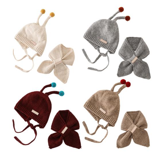 2Stk/Set Kinder Hut Schal Set Plüschkugeln Deko Schnürung Strickmütze Schal Set Elastische Kaltwetter Accessoires