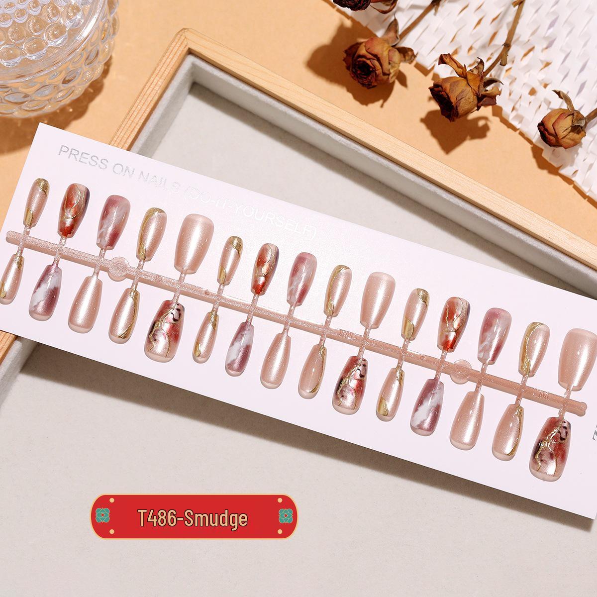 

T486# Gilded Halo Cat Eye Wearable Nails - 30-Piece Short Ladder Pre-made Handmade Set Full Strip S/S/M