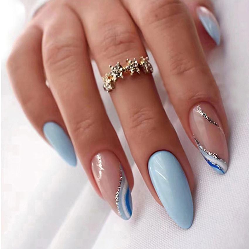 Almond-shaped Simple Wave Blue White French Spring And Summer New Product Fresh And Pure Wearable Nail Art Piece W12