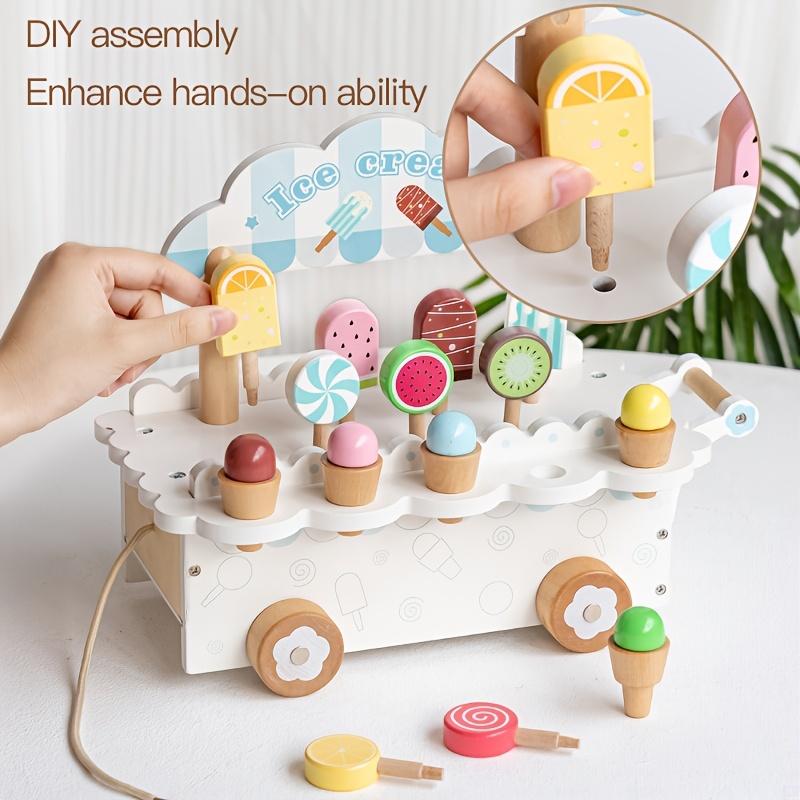 Wooden Pretend Play Ice Cream Truck, Dessert Shop Role Playing Toy Photography Props, Game Room Decorations,8 Ice Cream Stands and 4 Accessories,