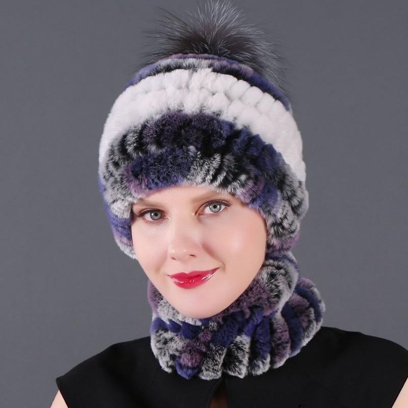 New hat scarf winter thickened thermal hat Rex rabbit fur grass Rex rabbit fur scarf two-piece set